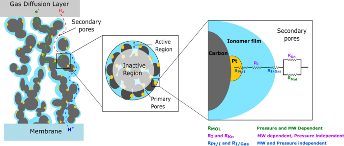 (Left) Qualitative illustration of reactant transport through the working electrode (WE). The reactant (red) diffuses through the pores, into and through the ionomer film (blue), and reacts at the Pt (yellow) catalyst site. Carbon particles are represented in black. (Center) Enlarged image of agglomerate coated by ionomer thin-film. The image highlights the active and inactive regions of the agglomerate at limiting current. (Right) The ionomer induced resistance includes of a series of ionomer and Pt nanoparticle interface resistances and permeation resistance within the ionomer thin-film. The gas-phase transport resistance in secondary pores is composed of both molecular and Knudsen transport.