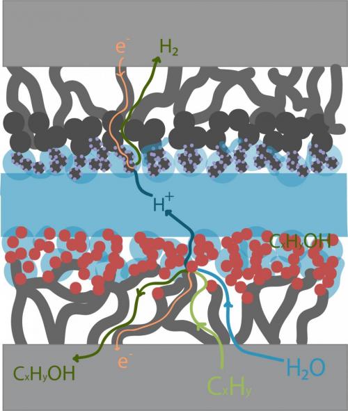 Generalized flows for a membrane electrode assembly is shown. The membrane electrode assembly (MEA) comprised of a proton-exchange membrane, anode and cathode catalyst layers, and gas diffusion layers help transport the gases to the reactive sites and provide conductivity for electrons and ions. Hydrocarbon oxidation processes are gas phase reactions that depend on water vapor as the oxidant, so both reactants must be able to reach the catalyst sites, as depicted.