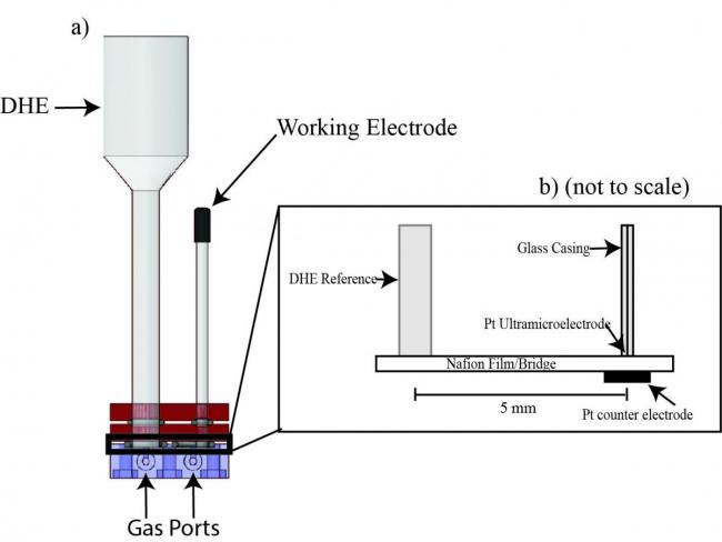 Schematic of microelectrode cell design. a) shows a cross-section from the side. The front and back of the UME cell each have a gas port for each chamber providing an inlet and outlet. b) shows a detailed layout of the components that make the cell circuit.